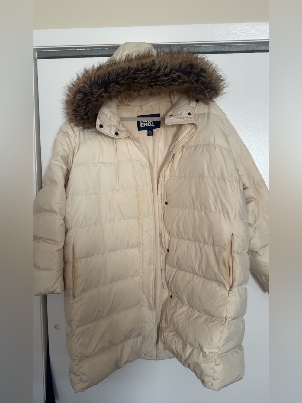 Plus Size Lands' End Cream Puffer Jacket with Faux Fur Hood